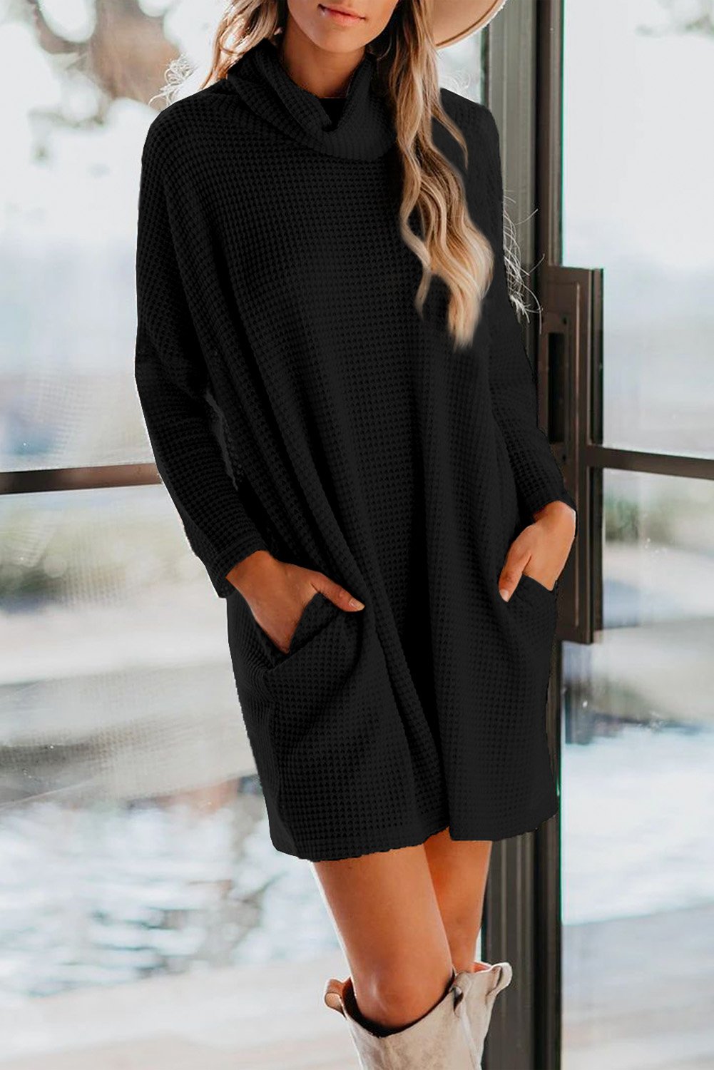 Cowl Neck Long Sleeve Pocketed Knit Mini Dress - KathyRoseNaturals