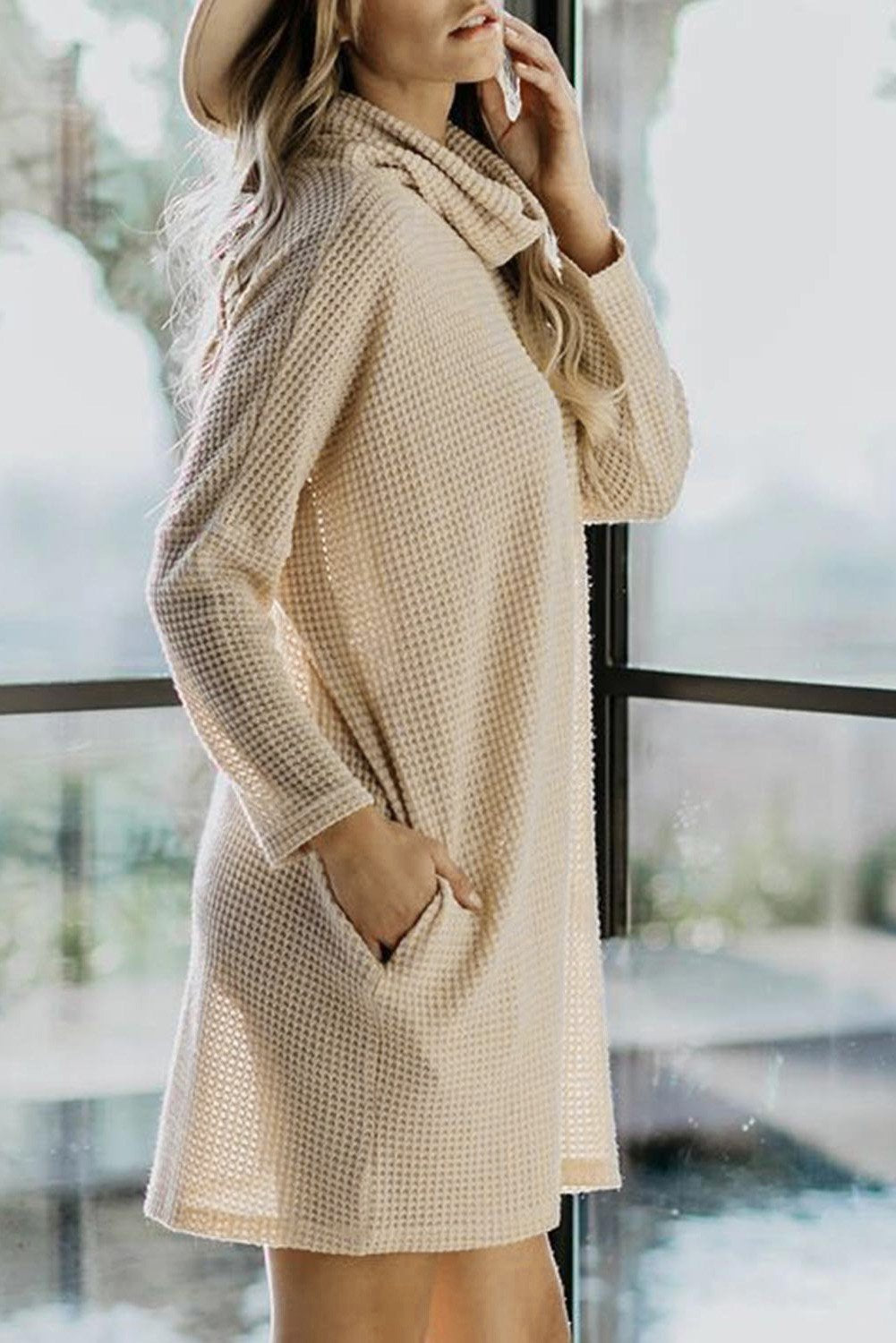 Cowl Neck Long Sleeve Pocketed Knit Mini Dress - KathyRoseNaturals