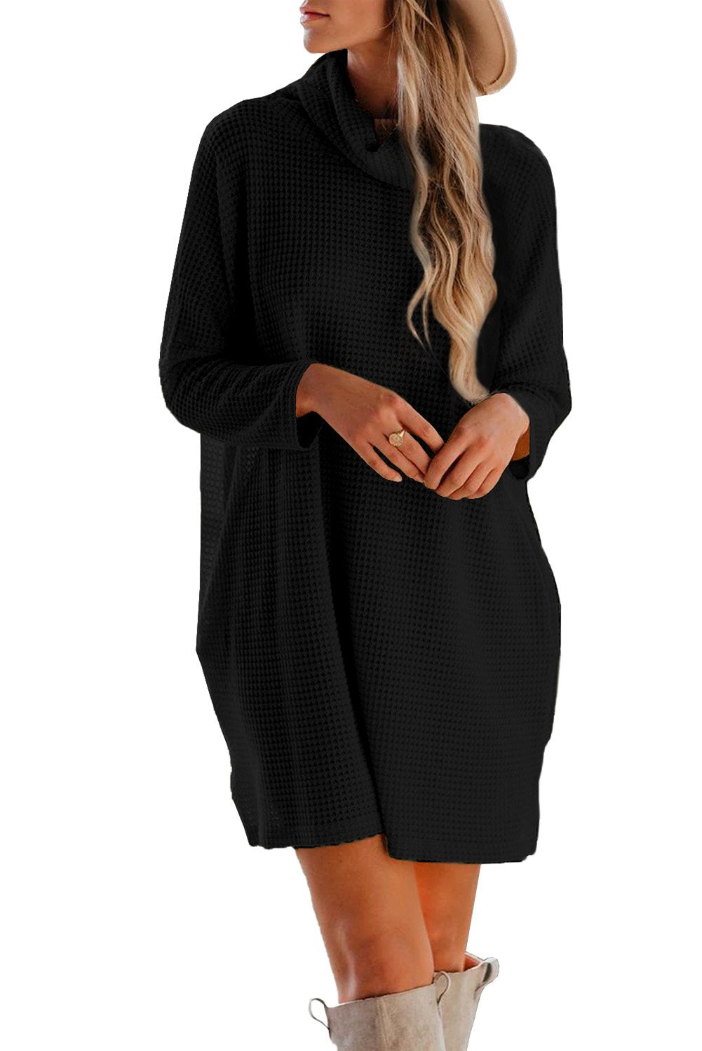 Cowl Neck Long Sleeve Pocketed Knit Mini Dress - KathyRoseNaturals