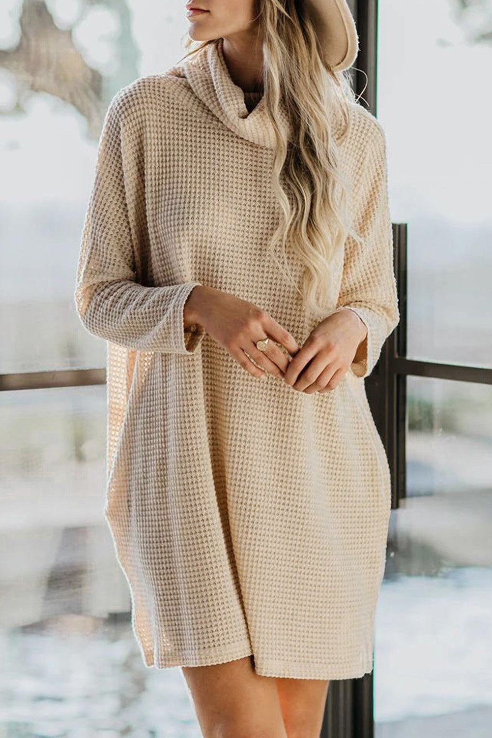 Cowl Neck Long Sleeve Pocketed Knit Mini Dress - KathyRoseNaturals