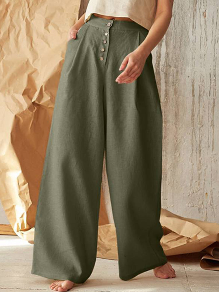 Solid High Waist Pants Casual Pocket Loose Wide Leg Trouser - KathyRoseNaturals